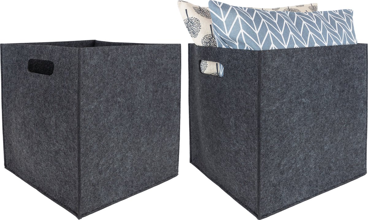 QUVIO Opbergbak - Set van 2 - Opbergmanden - Opbergdozen - Opbergbox - Opbergers - Organizers - Vakken - Met handvaten - Vilt - Landelijk - Grijs - Vierkant - 31 x 31 x 32 cm - 27 Liter