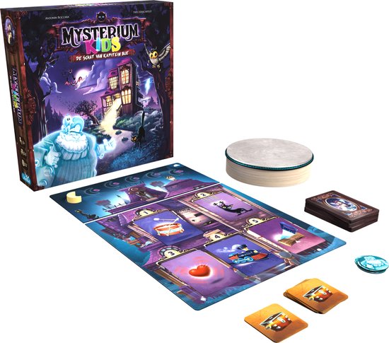 Mysterium Kids bordspel met speelbord, kaarten, token en doos in spookhuis thema.