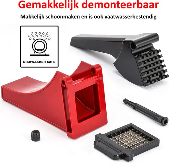 Uit elkaar gehaalde rode en zwarte frietsnijder, met deksel en snijgedeelte. Vaatwasserbestendig.