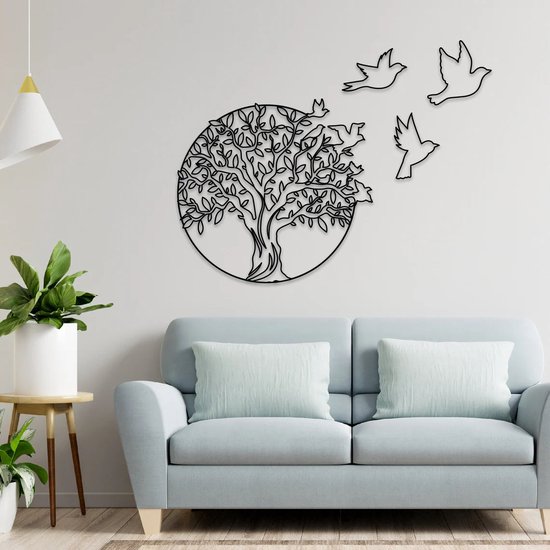 Magnifique arbre de vie fait main avec des oiseaux en vrac, version étroite ! 49x49cm Zwart
