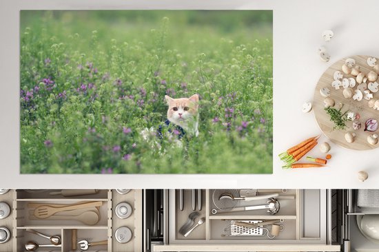 KitchenYeah® Inductie beschermer 81.6x52.7 cm - Kat - Bloemen - Lente - Kookplaataccessoires - Afdekplaat voor kookplaat - Inductiebeschermer - Inductiemat - Inductieplaat mat
