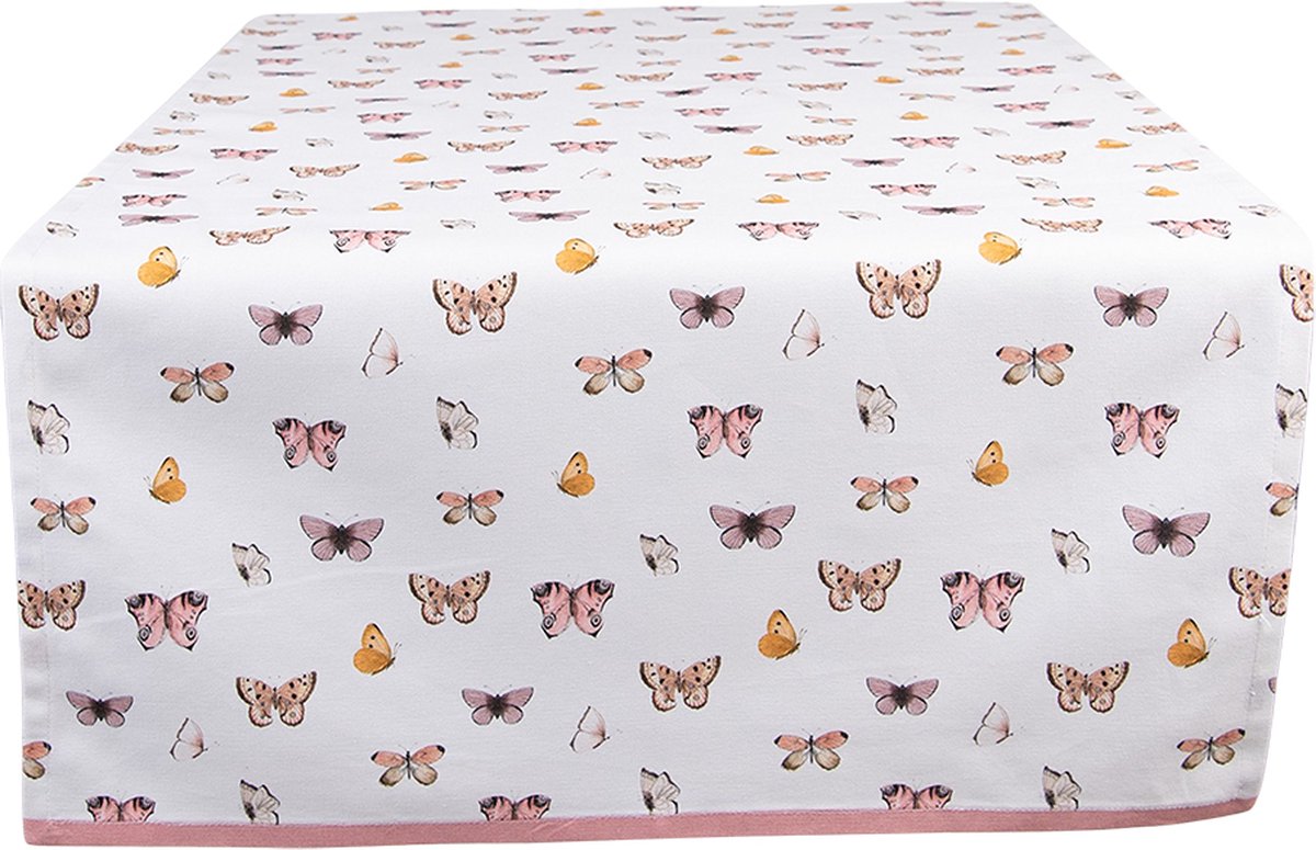 Clayre & Eef Tafelloper 50x140 cm Beige Roze Katoen Vlinders Tafelkleed Loper Tafeltextiel