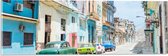 Acrylglas - Gekleurde Geparkeerde Auto's in Kleurrijke Straat - Cuba - 60x20 cm Foto op Acrylglas (Wanddecoratie op Acrylaat)
