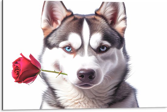 Dibond - Romantische Husky Hond met Roos tegen Witte Achtegrond - 75x50 cm Foto op Aluminium (Met Ophangsysteem)