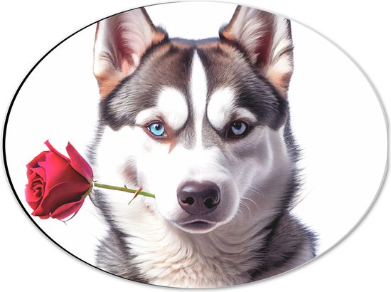 Dibond Ovaal - Romantische Husky Hond met Roos tegen Witte Achtegrond - 40x30 cm Foto op Ovaal (Met Ophangsysteem)
