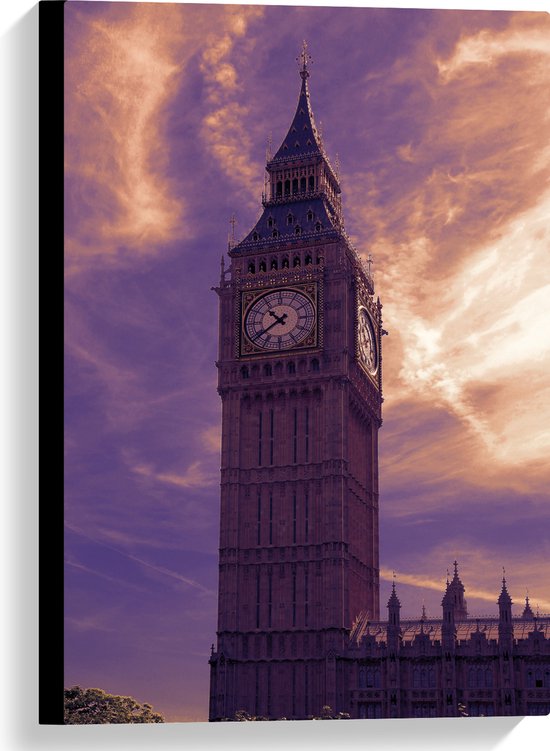 Canvas - Big Ben van Londen onder Pastelpaarse Lucht - 40x60 cm Foto op Canvas Schilderij (Wanddecoratie op Canvas)