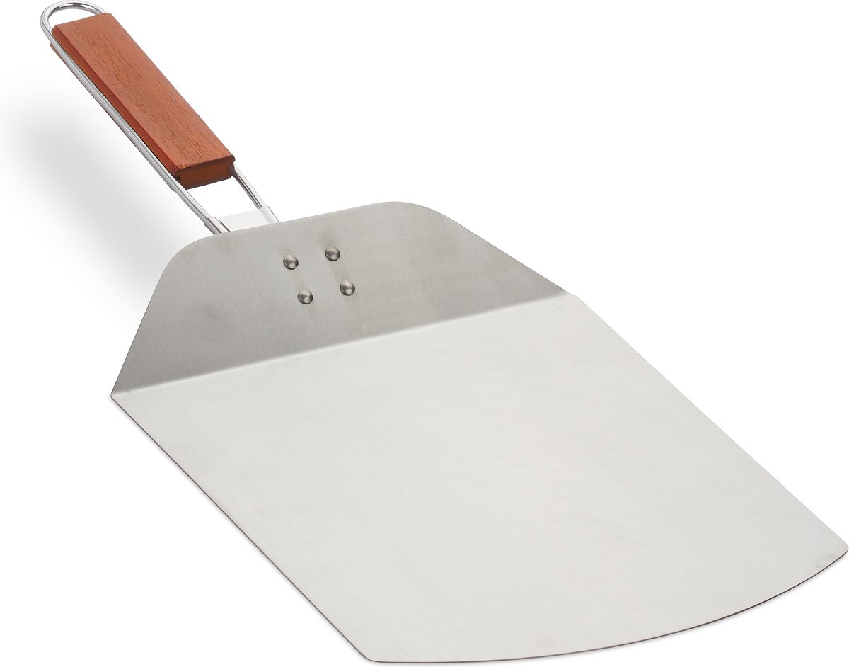 pizzaschep - rvs - inklapbare houten handgreep - 24x25,5 cm - pizzaspatel - zilver-bruin