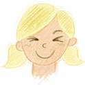Getekend gezicht van een meisje met blond haar en pigtails, lachend.