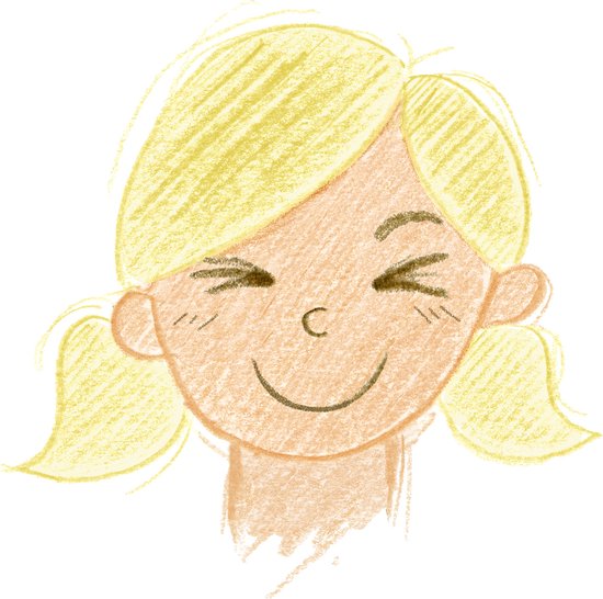 Getekend gezicht van een meisje met blond haar en pigtails, lachend.