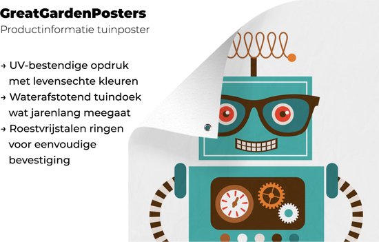 Tuinposter 40x60 cm - Tuindecoratie Robot - Bril - Tandwielen - Gezicht - Jongens - Kids - Poster voor in de tuin - Buiten decoratie - Schutting tuinschilderij - Tuindoek muurdecoratie - Wanddecoratie balkondoek