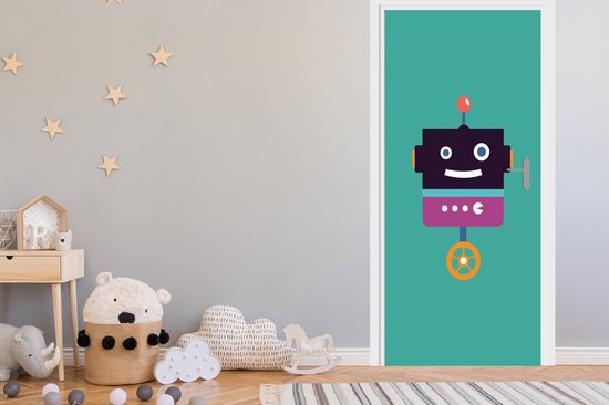 Deursticker kinderen - Sticker voor kids - Kinderkamer decoratie - Robot - Wiel - Paars - Groen - Jongens - Kids - 80x205 cm