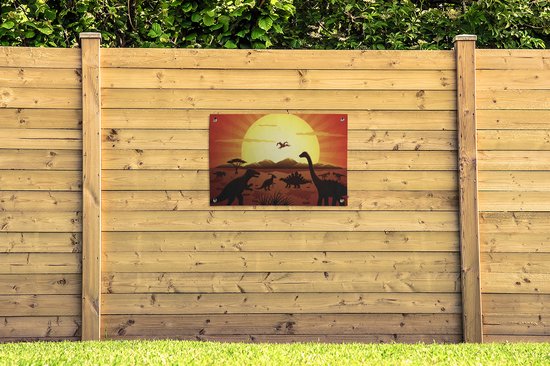 Posters de jardin extérieur Dino - Soleil - Nature - Dessin - Enfants - Garçons - 90x60 cm - Toile jardin - Affiche extérieure