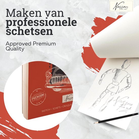 Schetsboek met een tekening van een menselijk model en een potlood.