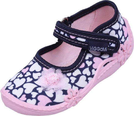 ADA DRUK - Marineblauwe en roze schoenen, slofjes, pantoffels met hartjes, klittenband / 19