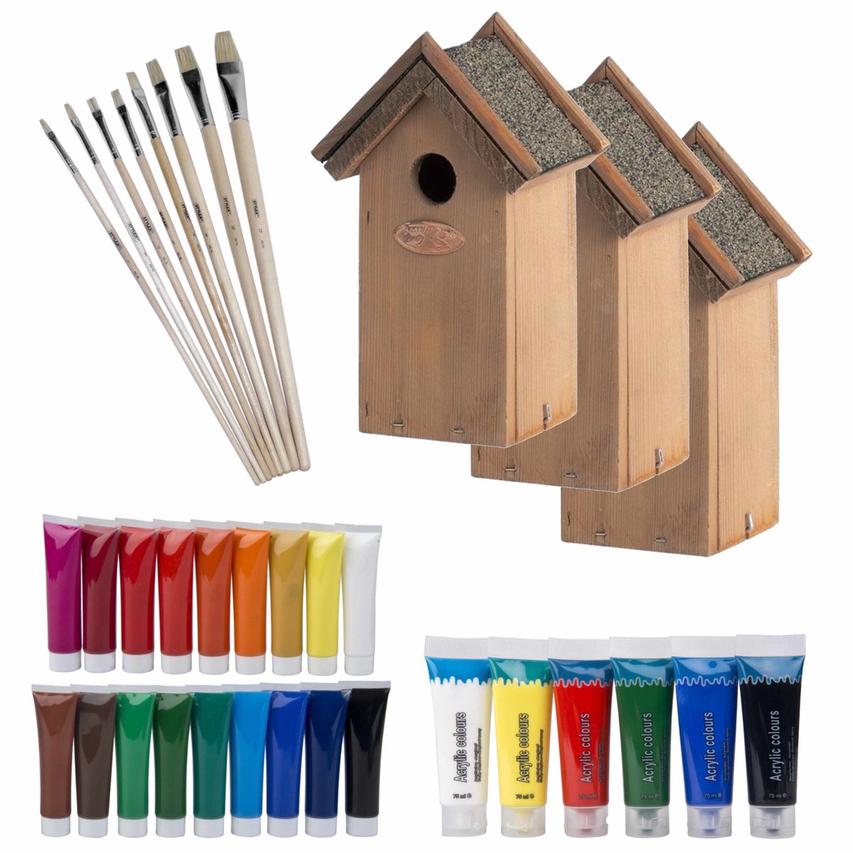 8x stuks vogelhuisjes/nestkastjes 22 cm - Zelf schilderen pakket - verf/kwasten - Kinder feestje/verjaardag activiteiten