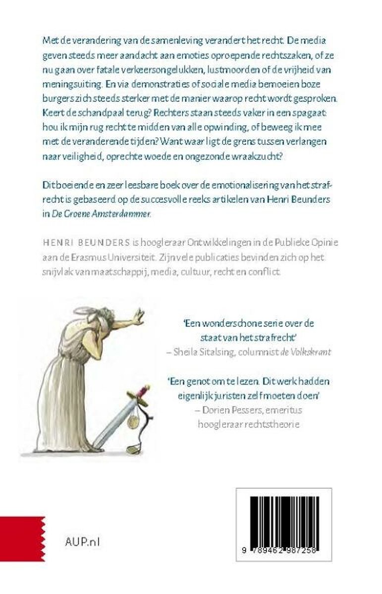 Achterkant van het boek met tekst en een illustratie van Justitia, inclusief een streepjescode.
