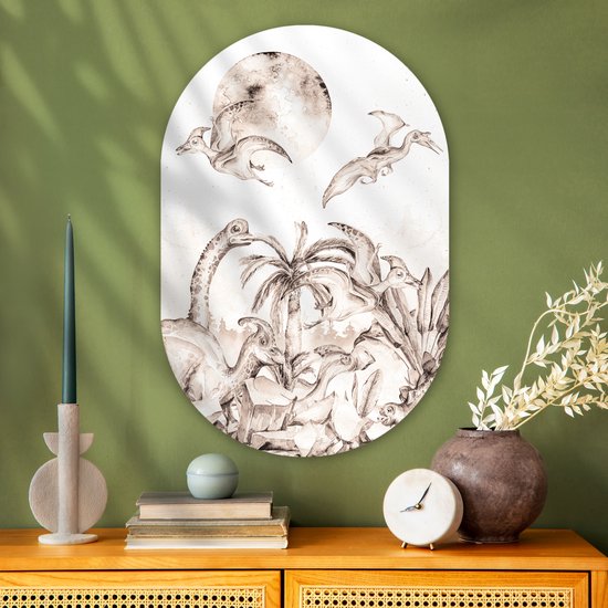 Ovale Mural - Ovale Mural - Décoration murale Plastique - Peinture Ovale - Dino - Enfants - Jungle - Plantes - Kids - 60x90 cm - Forme miroir ovale sur plastique