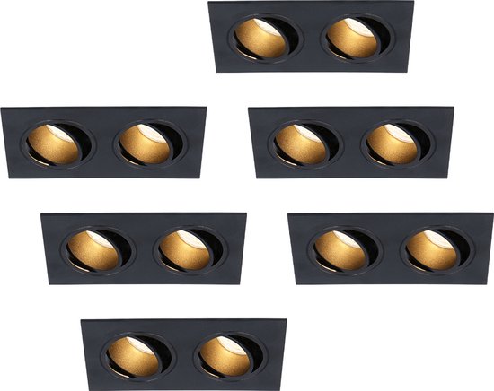 HOFTRONIC - Mallorca - Set van 6 LED Inbouwspots Dubbel - GU10 2700K Warm wit - Dimbaar en kantelbaar - Rechthoek / vierkant - Plafondspot voor woonkamer, slaapkamer en gang - IP22