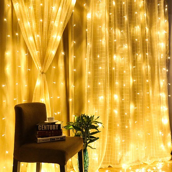 Kerstgordijnverlichting 3 m x 3 m 300 LED, gordijn lichtketting binnen/buiten, 8 modi afstandsbediening raamverlichting instelbare helderheid, gordijnlicht warm wit voor slaapkamer, tuin, feest
