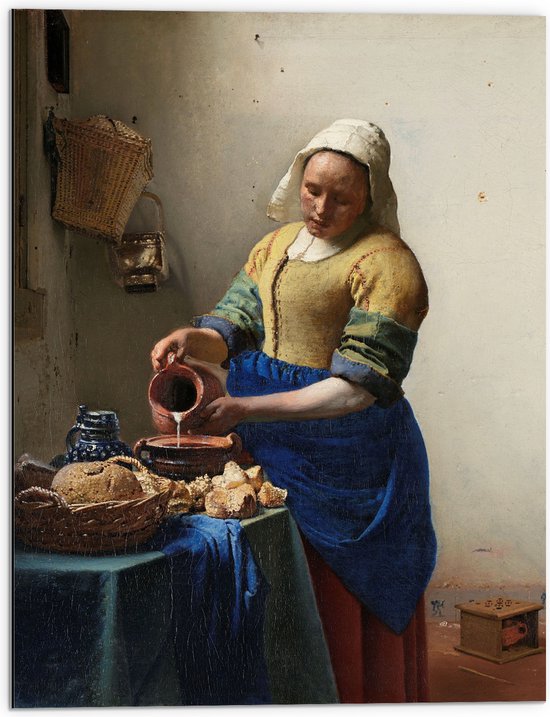 Dibond - Het melkmeisje, Johannes Vermeer, ca. 1660 - 60x80 cm Foto op Aluminium (Met Ophangsysteem)