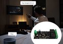 Man in slaapkamer kijkt tv, terwijl een smart speaker en printplaat met 2 relais zichtbaar zijn. Tekst 'Hey Google, licht uit'.