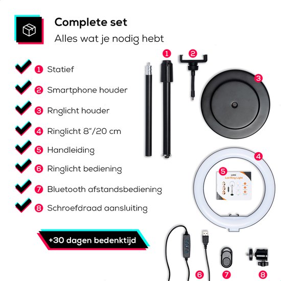 Ringlamp set inclusief statief, smartphonehouder, ringlicht, handleiding, bediening en afstandsbediening.