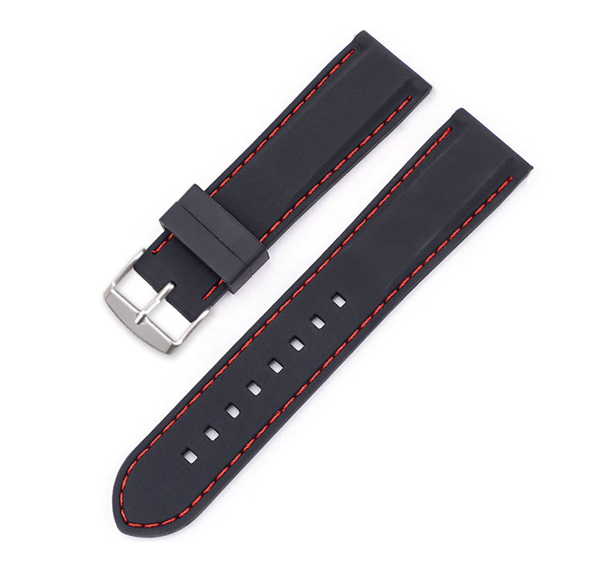 SmartphoneClip® Horlogeband - Siliconen - 20 mm - Zwart met rode stiksels - Horlogebandjes