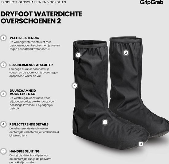 Gedetailleerde afbeelding van de zwarte waterdichte fietsoverschoenen, met de producteigenschappen aangegeven.
