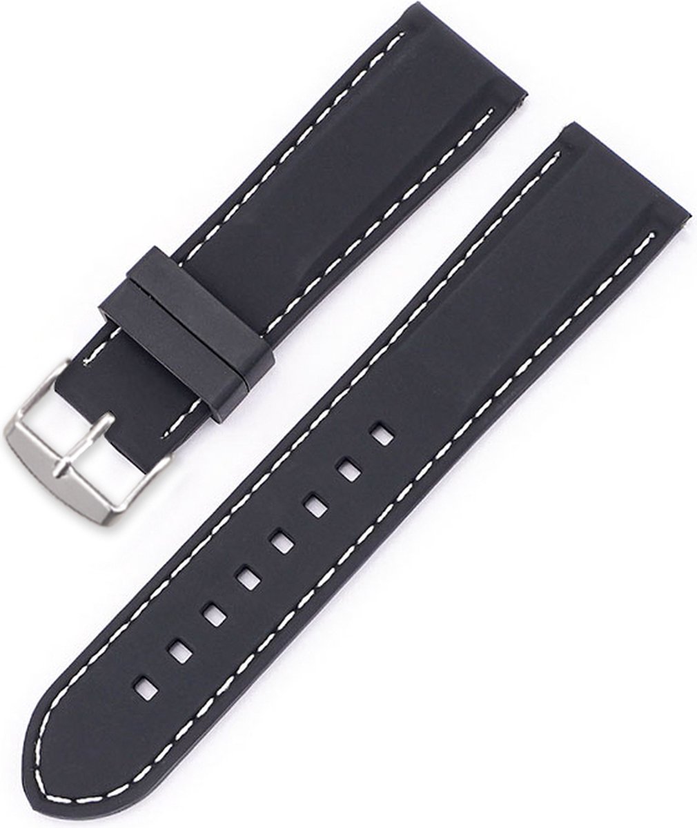 SmartphoneClip® Horlogeband - Siliconen - 18 mm - Zwart met witte stiksels - Horlogebandjes