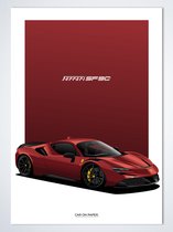 Ferrari SF90 Rood op Poster - 50 x 70cm - Auto Poster Kinderkamer / Slaapkamer / Kantoor