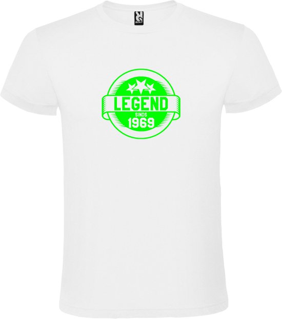 Wit T-Shirt met “Legend sinds 1969 “ Afbeelding Neon Groen Size XXXXL