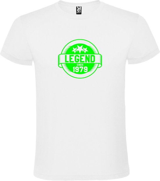Wit T-Shirt met “Legend sinds 1979 “ Afbeelding Neon Groen Size L