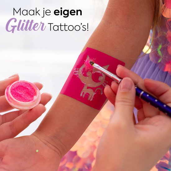Grafix Mega Glitter Tattoo Set | Glitter Tattoos | 4 kleuren | Met lijm & Kwast | 36 Tattoos | Plak tattoos voor Kinderen - JOYA CREATIVE