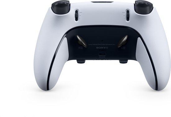 Onderkant van de witte en zwarte DualSense Edge controller, met aanpasbare peddels.