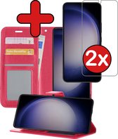 Hoesje Geschikt voor Samsung S23 Hoesje Book Case Hoes Portemonnee Cover Walletcase Met 2x Screenprotector - Hoes Geschikt voor Samsung Galaxy S23 Hoes Bookcase Hoesje - Donkerroze