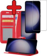 Hoesje Geschikt voor Samsung S23 Hoesje Book Case Hoes Portemonnee Cover Walletcase Met Screenprotector - Hoes Geschikt voor Samsung Galaxy S23 Hoes Bookcase Hoesje - rode