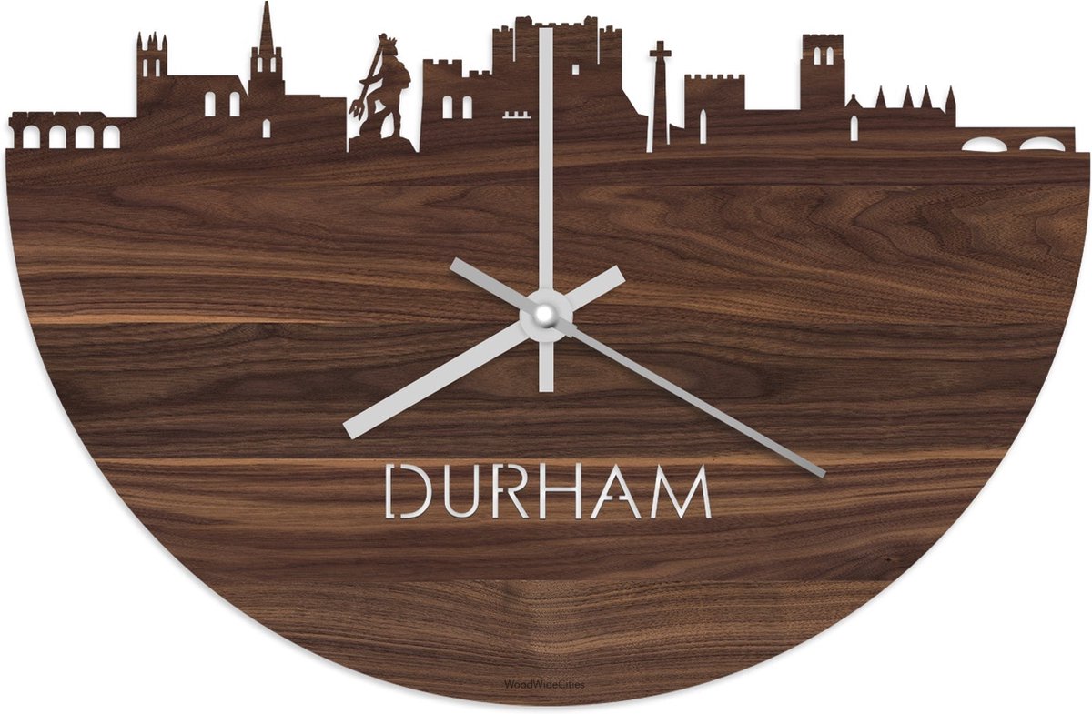 Skyline Klok Durham Notenhout - Ø 40 cm - Stil uurwerk - Wanddecoratie - Meer steden beschikbaar - Woonkamer idee - Woondecoratie - City Art - Steden kunst - Cadeau voor hem - Cadeau voor haar - Jubileum - Trouwerij - Housewarming - WoodWideCities