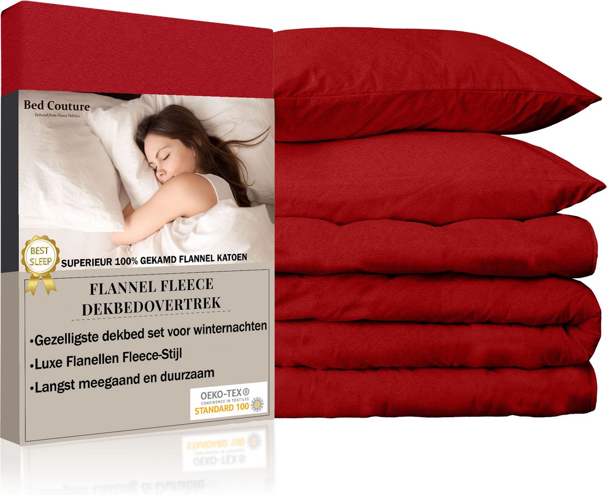 Bed Couture - Flanel Fleece Dekbedovertrek set - 100% Katoen Extra zacht en Warm - 140x200 + 2 kussenslopen 50x70 - Rood