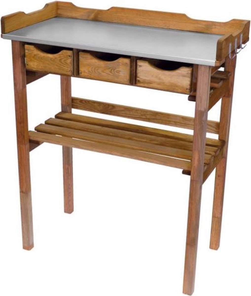 Houten oppottafel met verzinkt werkblad - tuinwerktafel / plantentafel met lades en opbergrek