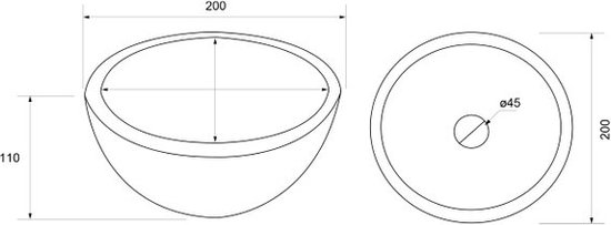 Technische tekening van een ronde waskom met afmetingen: breedte 200mm, diepte 110mm, hoogte 200mm, afvoer 45mm.