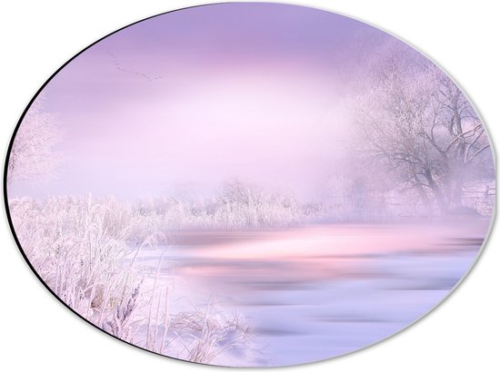 WallClassics - Dibond Ovaal - Zachte Kleuren Lucht in Winterlandschap - 40x30 cm Foto op Ovaal (Met Ophangsysteem)