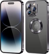 Hoesje Geschikt voor iPhone 14 Pro – Met Magnetisch Ring Magesafe compatibel backcover – Lens beschermer – Transparant / Zwart