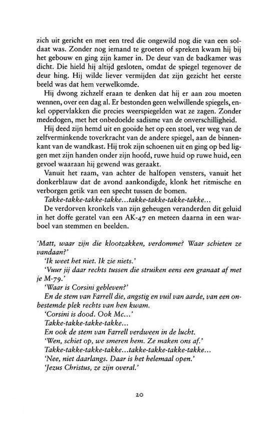 Tekstpagina met dialoog tussen soldaten in een oorlogssetting, met nadruk op angst en verwarring.