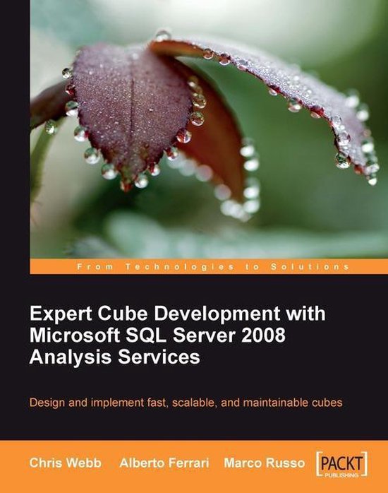 Boekomslag: Expert Cube Development with Microsoft SQL Server 2008 Analysis Services, met druppels op een blad en de tekst 'From Technologies to Solutions'.