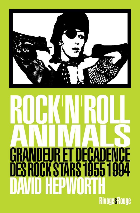 Poster met zwart-witfoto van David Bowie, met de tekst "ROCK'N ROLL ANIMALS GRANDEUR ET DECADENCE DES ROCK STARS 1955 1994 DAVID HEPWORTH Rivages Rouge".