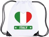 Italie nylon rijgkoord rugzak/ sporttas wit met Italiaanse vlag in hart