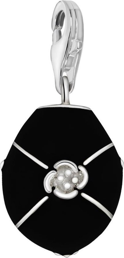 Quiges – 925 - Zilver – Charm - Bedel - Hanger - Zwarte Ovaal met Bloem - met – sterling - zilver - karabijnslot - geschikt - voor - Zinzi, Thomas – Sabo - Ti Sento - Bedelarmband HC146