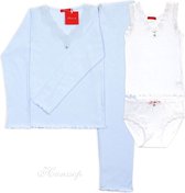 Exclusief Luxueus Kinder nachtkleding Hanssop, Luxe licht blauwe pyjama set met bijpassende wit ondergoed setje, maat 128