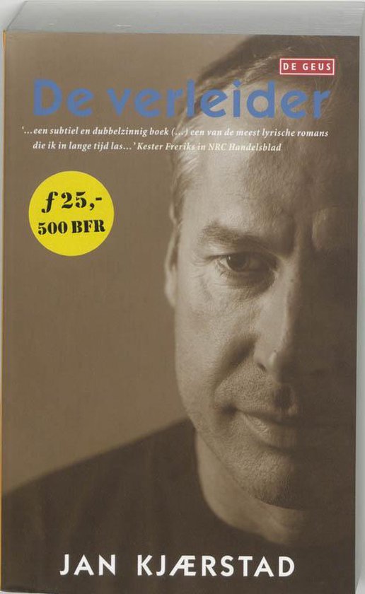 Boek "De verleider" van Jan Kjærstad met foto van een man. Prijsindicatie £25,- / 500 BFR.