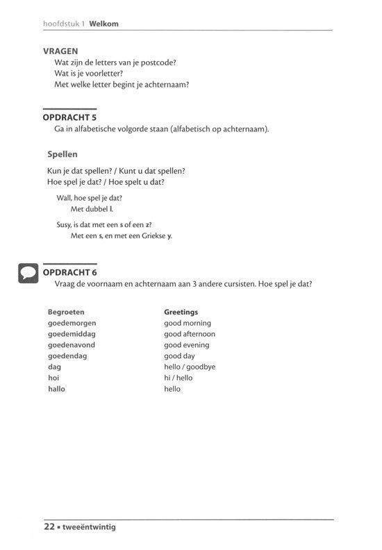 Pagina met vragen over postcodes, spelling en begroetingen.